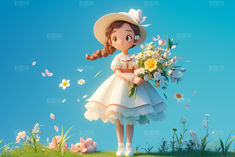 手捧鲜花的少女立体梦幻素材