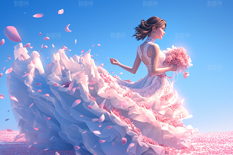 手捧鲜花的少女清新模型素材