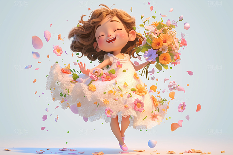手捧鲜花的少女3D立体素材