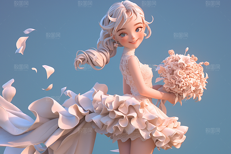 手捧鲜花的少女人物飞舞的裙摆素材