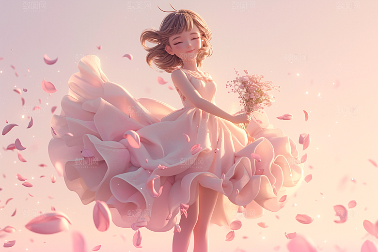 手捧鲜花的少女肖像模型素材