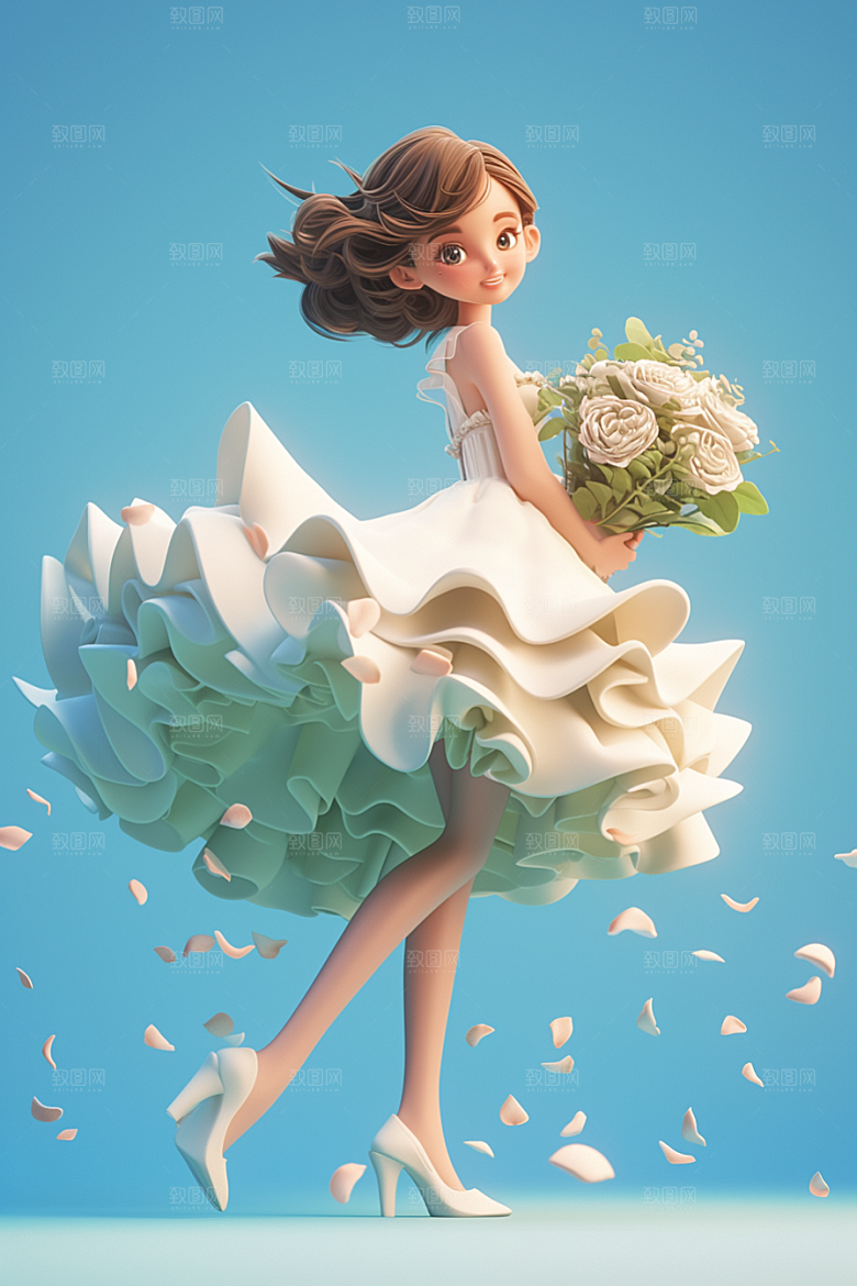 手捧鲜花的少女花朵3D素材