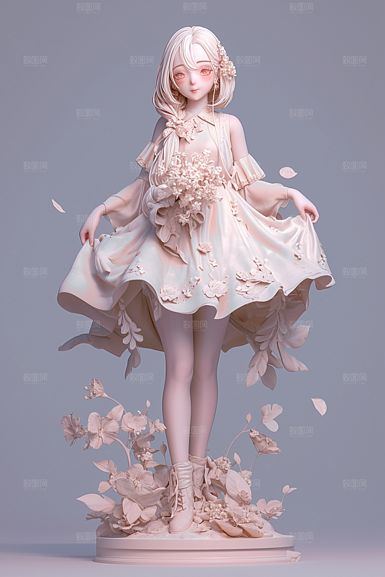 手捧鲜花的少女梦幻花朵素材