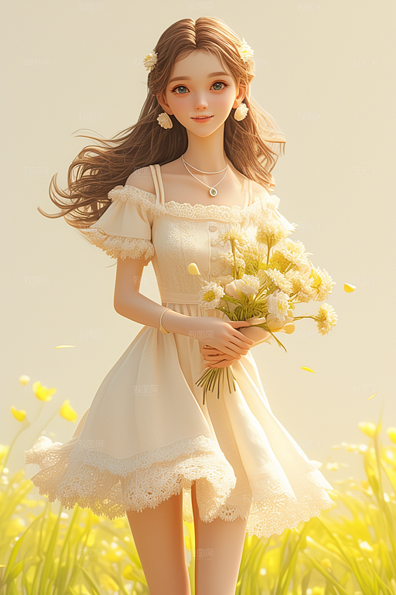 手捧鲜花的少女花朵自然素材