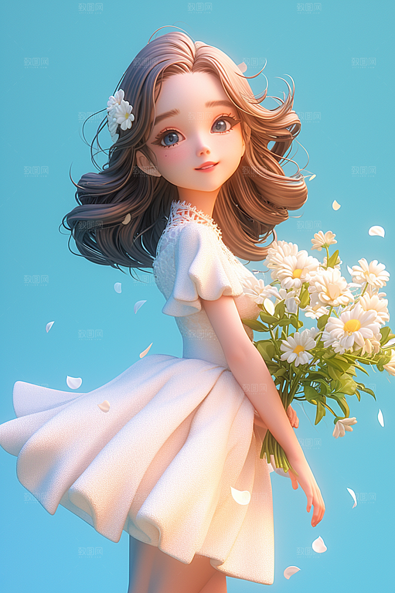 手捧鲜花的少女人物清新素材