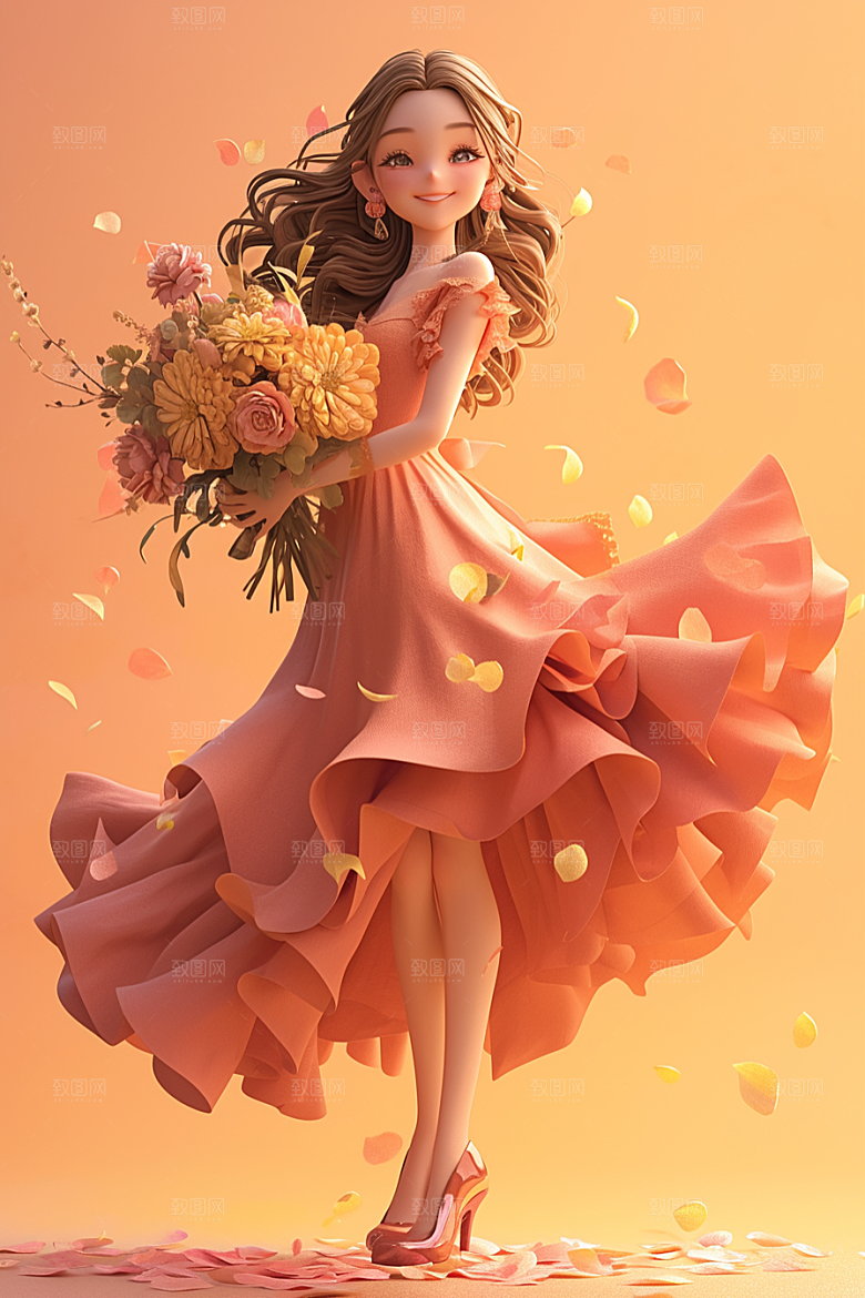 手捧鲜花的少女青春花朵素材