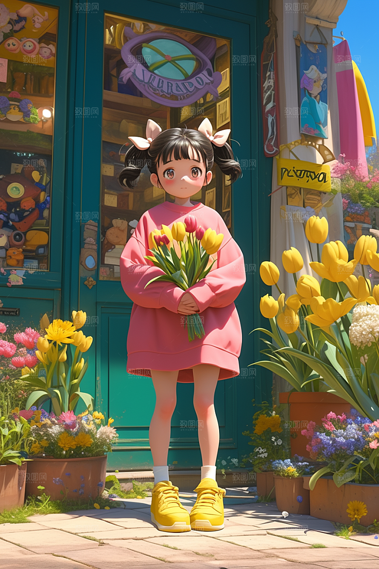 手捧鲜花的少女青春3D素材