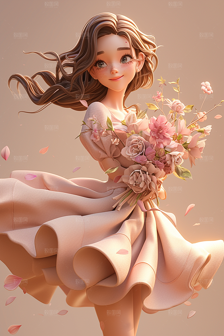 手捧鲜花的少女立体花朵素材