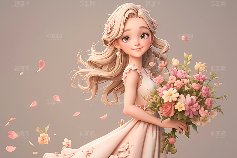 手捧鲜花的少女人物春天素材
