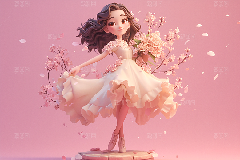 手捧鲜花的少女烂漫春天素材