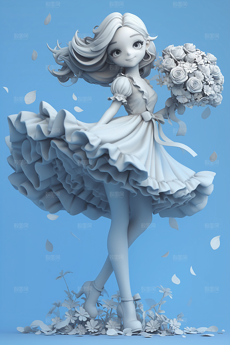 手捧鲜花的少女花朵人物素材