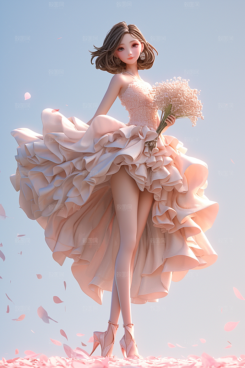 手捧鲜花的少女唯美立体素材