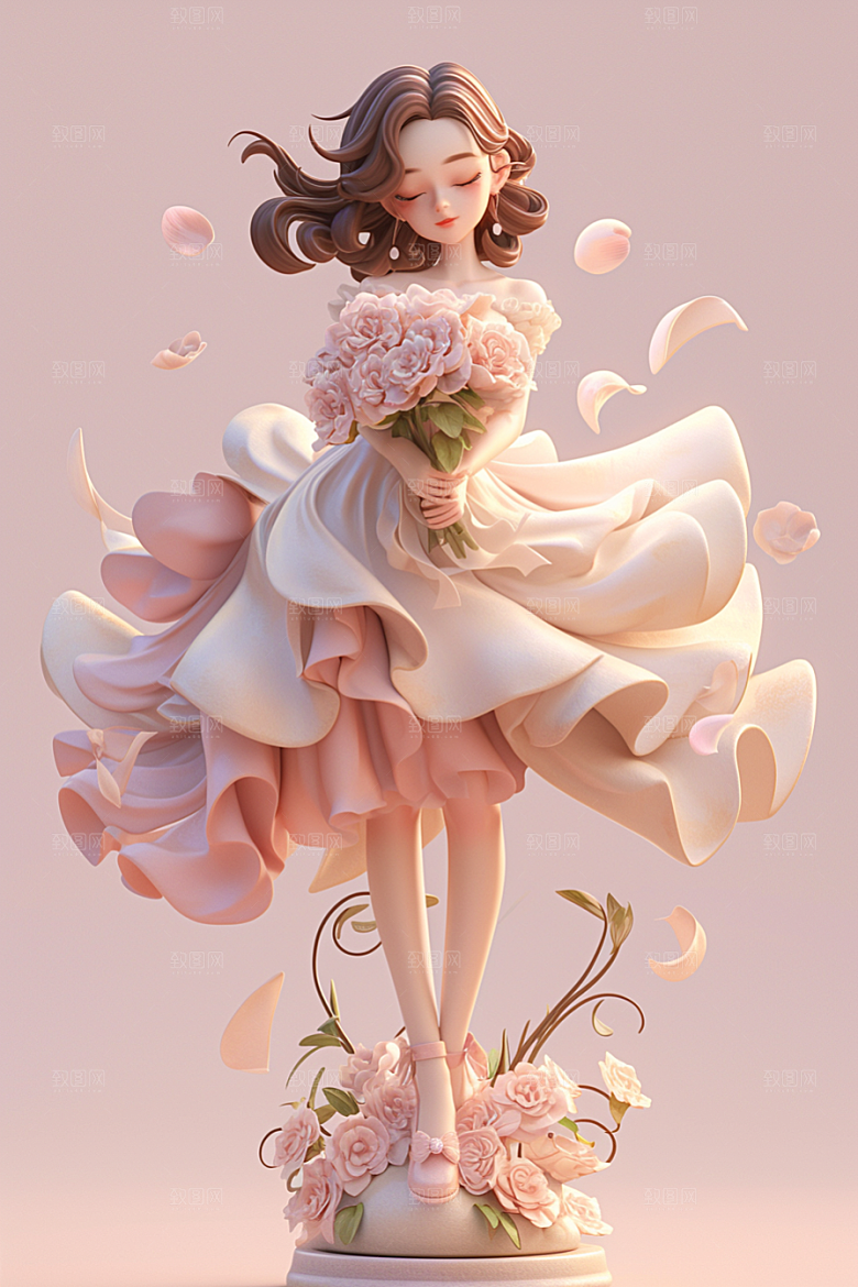 手捧鲜花的少女3D清新素材