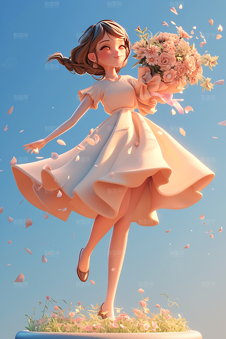 手捧鲜花的少女人物立体素材