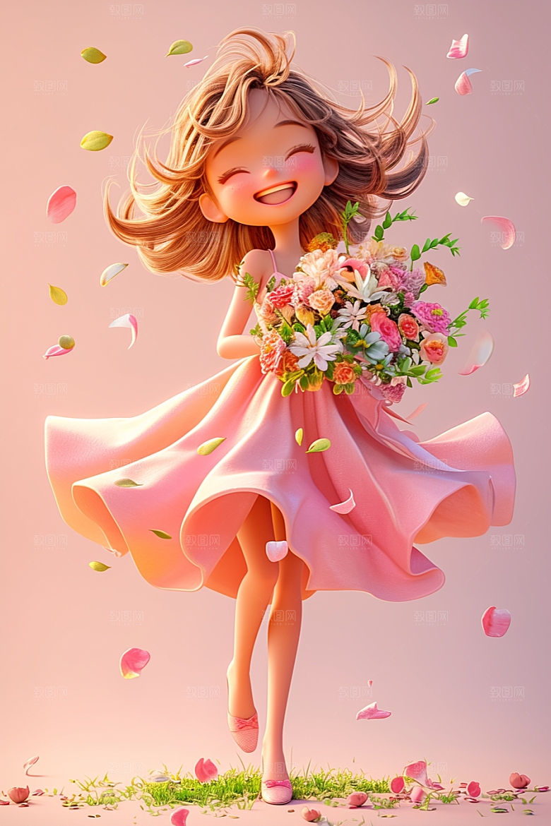 手捧鲜花的少女自然梦幻素材