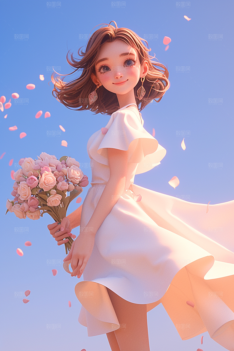 手捧鲜花的少女春天模型素材