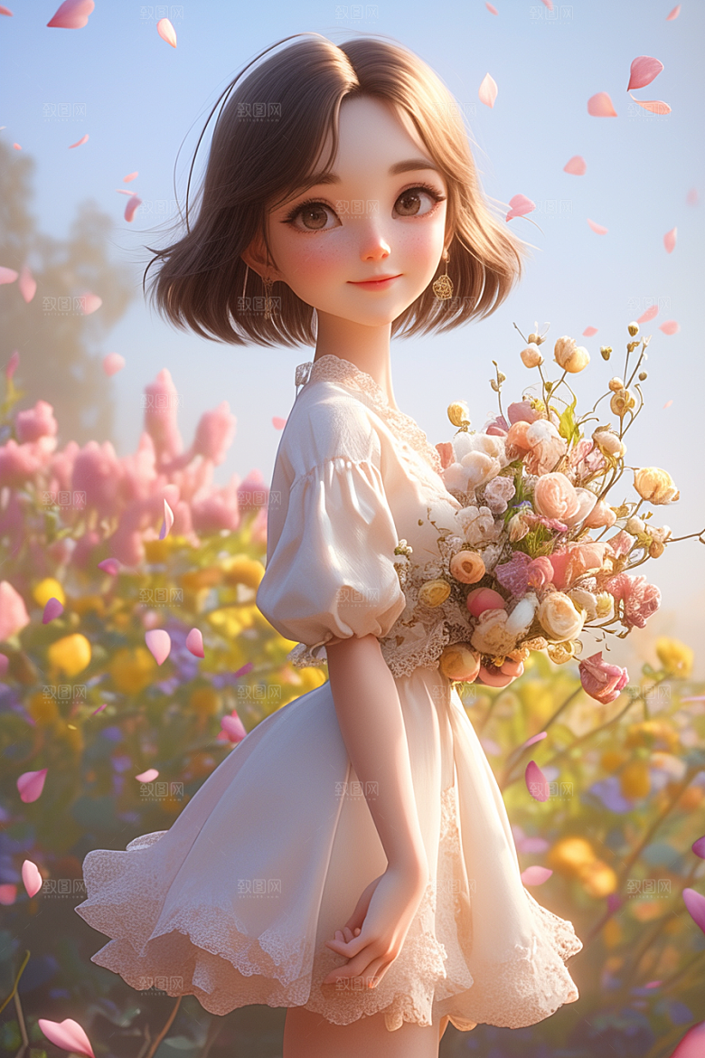 手捧鲜花的少女肖像自然素材