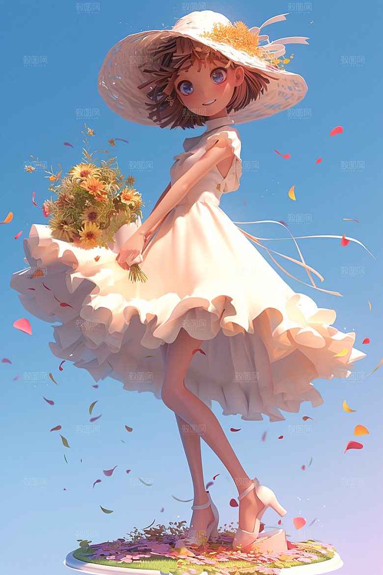 手捧鲜花的少女立体烂漫素材