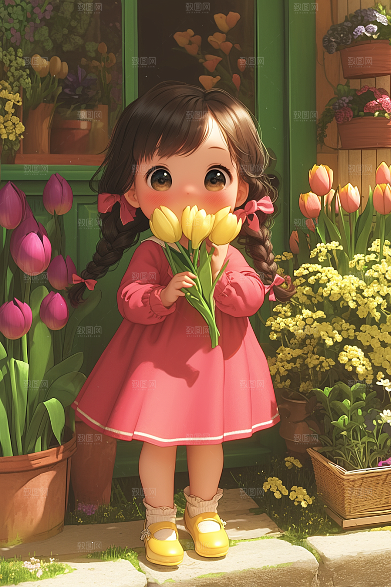 手捧鲜花的少女春天立体素材