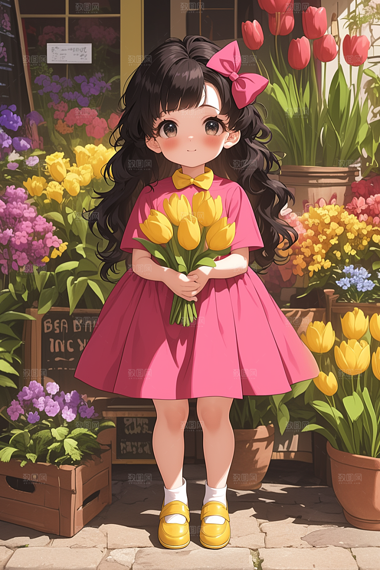 手捧鲜花的少女青春肖像素材