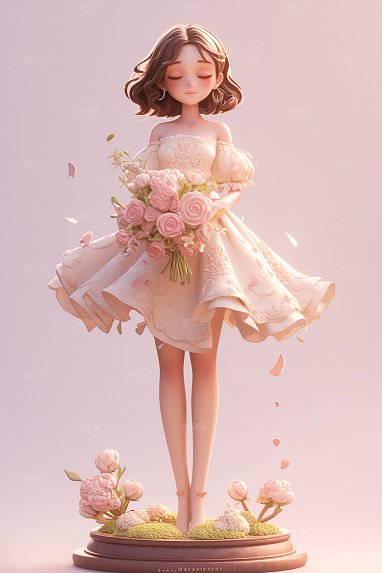 手捧鲜花的少女3D飞舞的裙摆素材