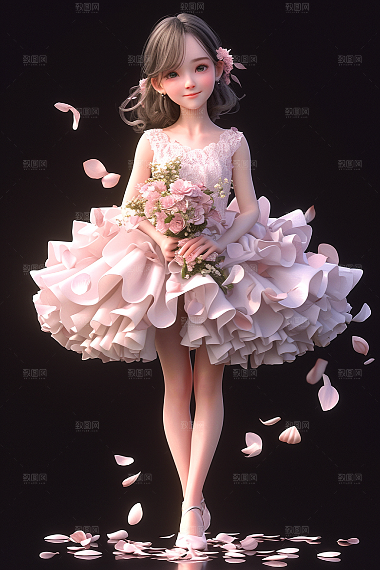 手捧鲜花的少女立体花朵素材