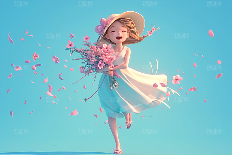 手捧鲜花的少女梦幻肖像素材