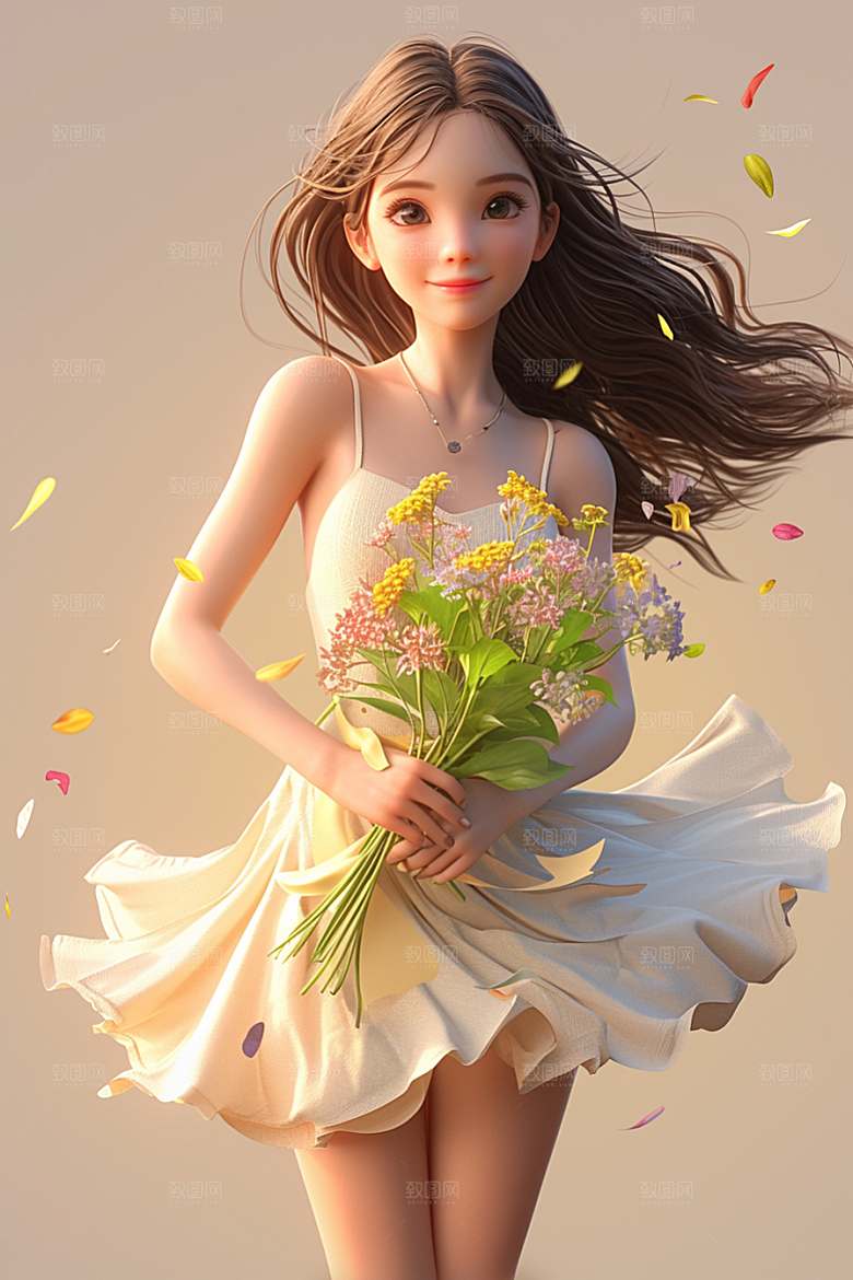 手捧鲜花的少女3D模型素材