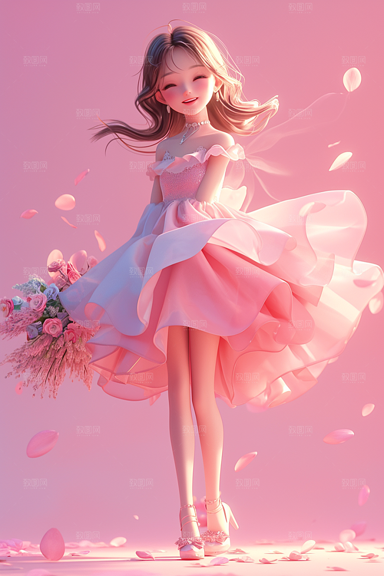 手捧鲜花的少女立体烂漫素材