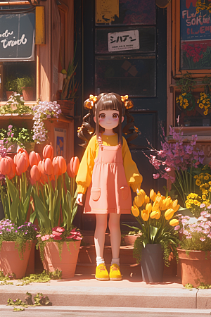 手捧鲜花的少女肖像模型素材