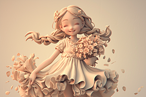 手捧鲜花的少女飞舞的裙摆自然素材