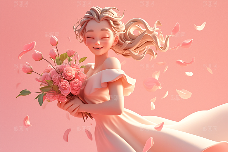手捧鲜花的少女飞舞的裙摆3D素材