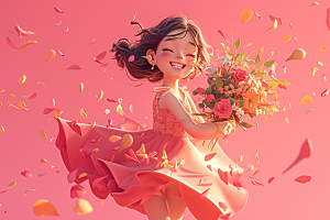 手捧鲜花的少女肖像立体素材