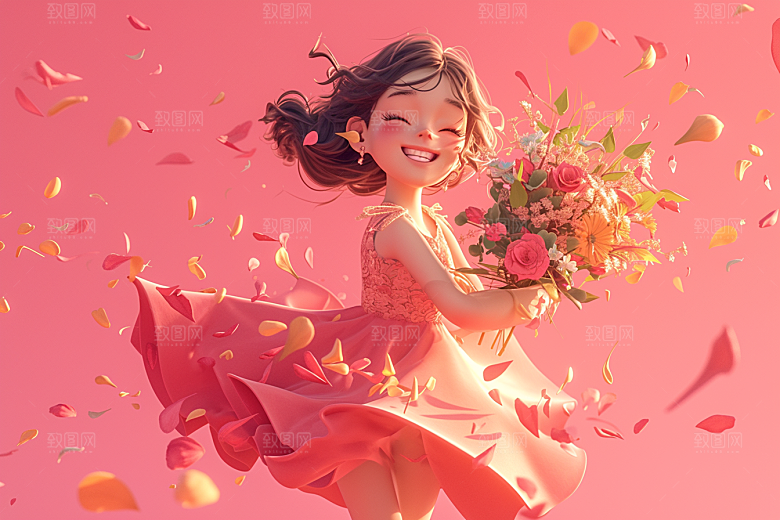 手捧鲜花的少女肖像立体素材