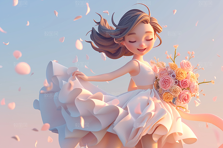 手捧鲜花的少女春天梦幻素材