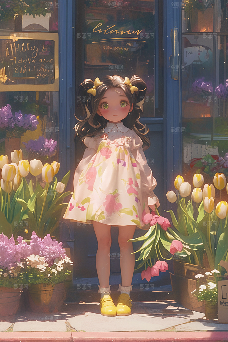 手捧鲜花的少女肖像模型素材