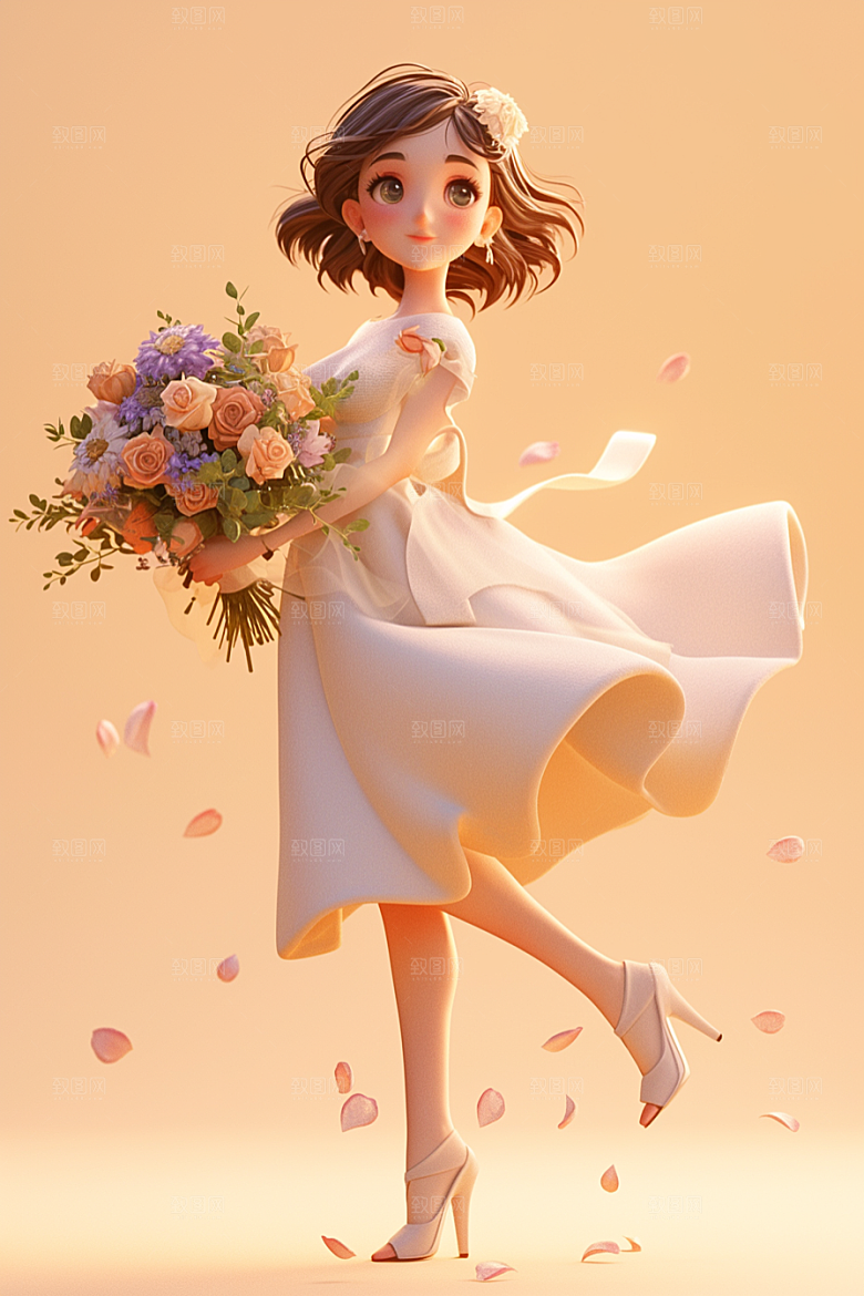 手捧鲜花的少女花朵立体素材