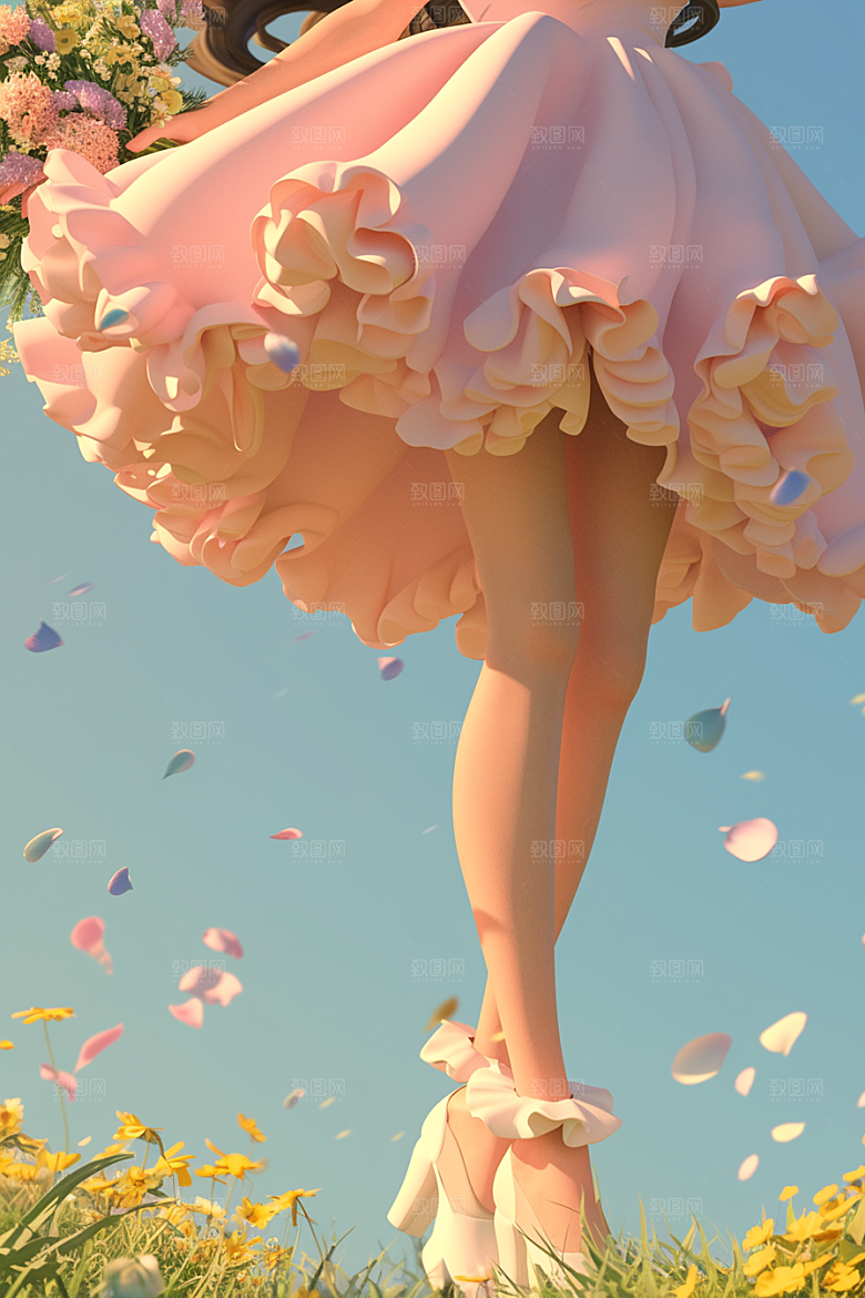 手捧鲜花的少女清新梦幻素材