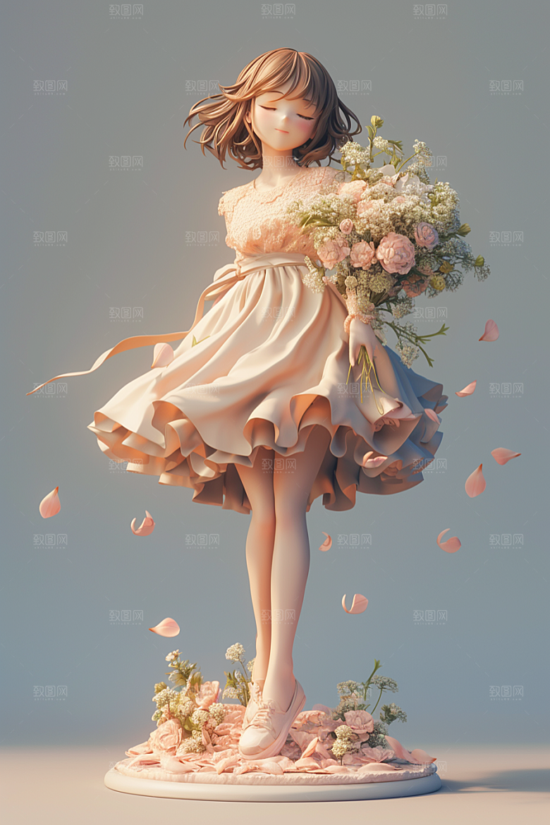 手捧鲜花的少女飞舞的裙摆立体素材
