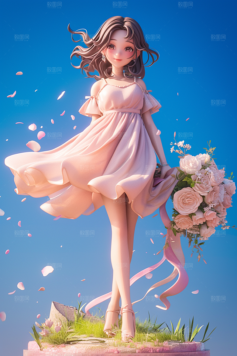 手捧鲜花的少女模型人物素材