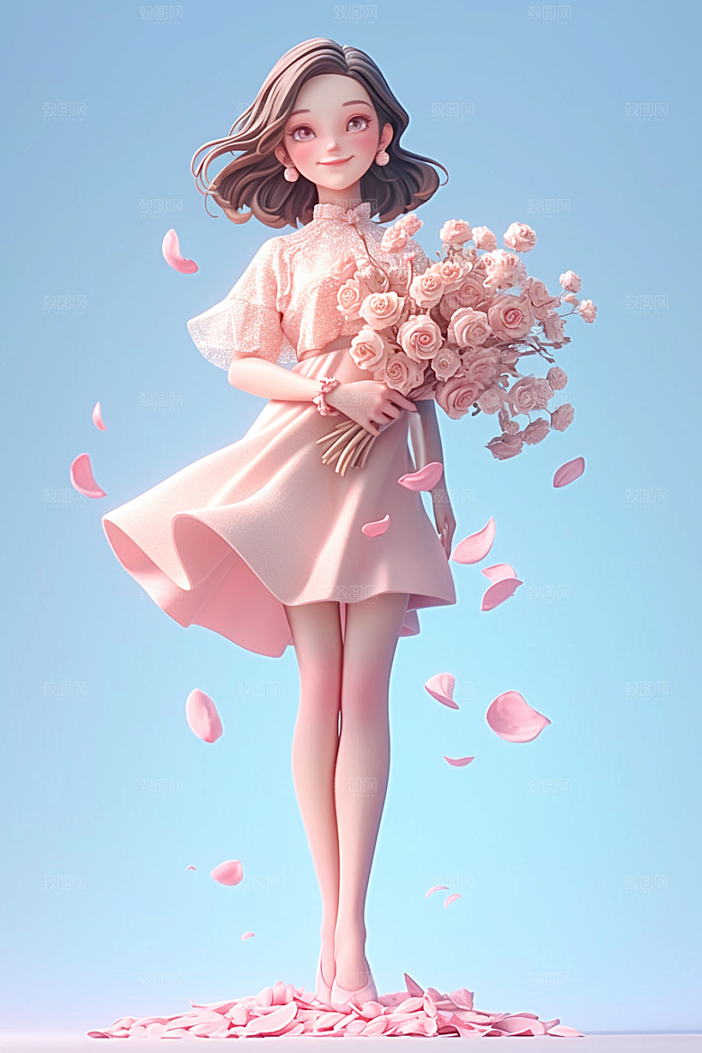 手捧鲜花的少女春天花朵素材