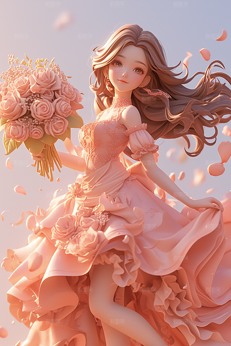 手捧鲜花的少女飞舞的裙摆梦幻素材