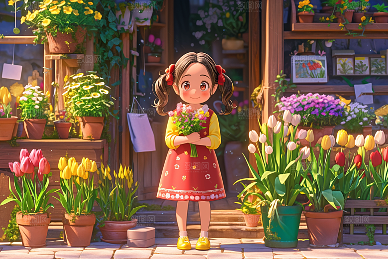 手捧鲜花的少女花朵清新素材
