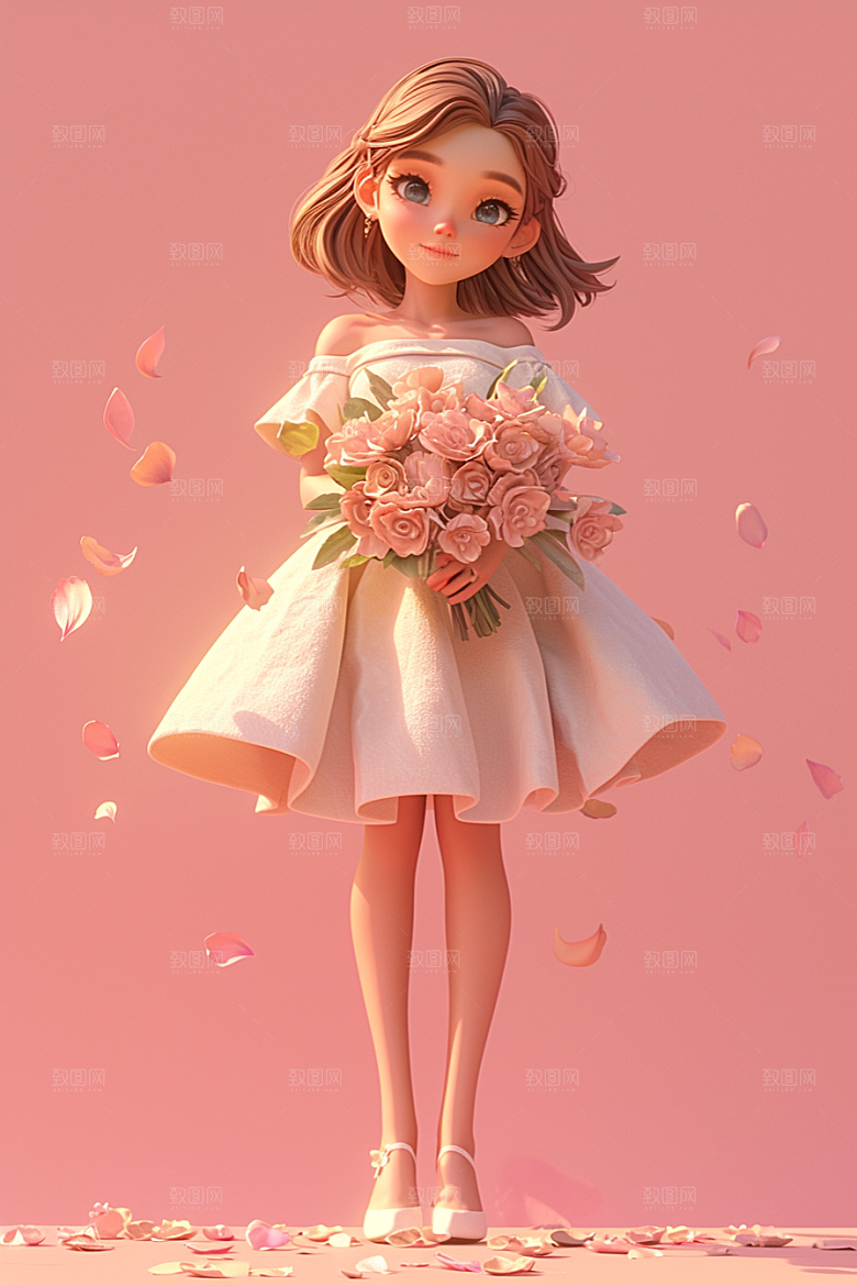 手捧鲜花的少女梦幻青春素材