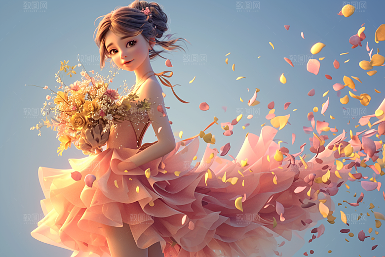手捧鲜花的少女青春唯美素材