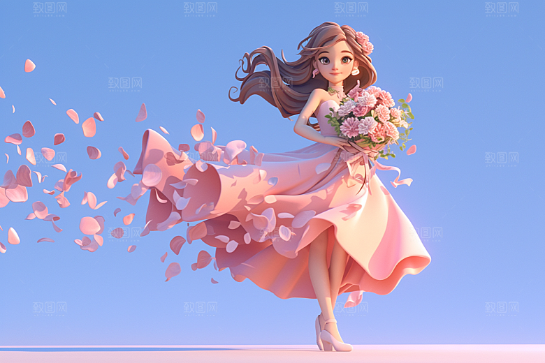 手捧鲜花的少女烂漫梦幻素材