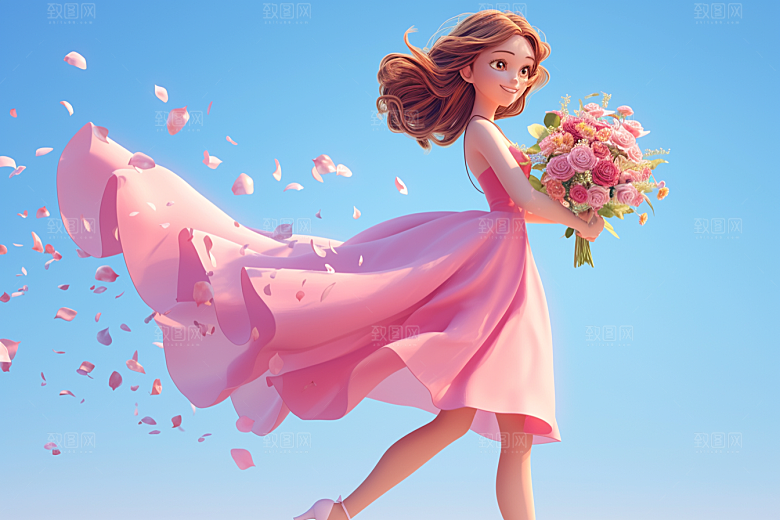 手捧鲜花的少女人物花朵素材