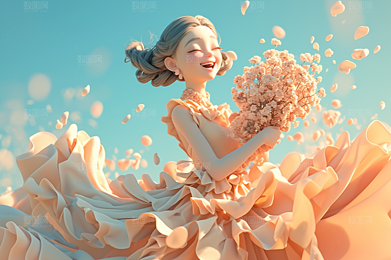 手捧鲜花的少女清新飞舞的裙摆素材