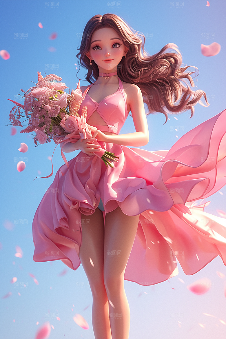 手捧鲜花的少女肖像模型素材