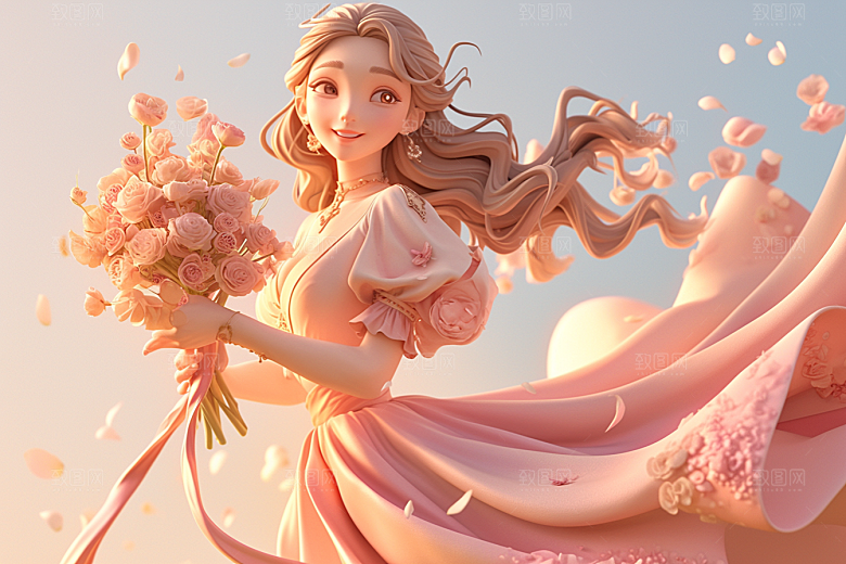 手捧鲜花的少女模型清新素材